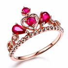 14K Rose Gold Plated Adjustable Red Crystal Ruby Crown Ring for Women Gifts