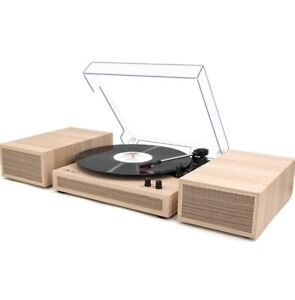 Wireless Vinyl Record Player w External Speakers, 3-Speed Belt-Drive -Light Wood