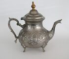 Vintage Large Handcrafted Embossed Silver Plated Brass Moroccan Footed Tea Pot