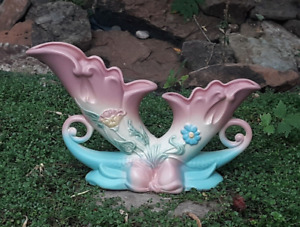 Excellent Hull Pink Double Cornucopia Bow Knot B-13  Art Pottery Vintage