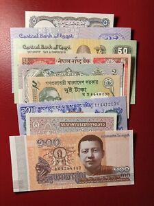 Asia banknotes lot of 9 banknotes UNC . Bhutan, Bangladesh, Cambodia, Egypt, Nep