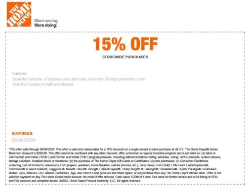 New ListingHome Depot 15% off IN STORE Coupon Expires 6/04/2024 save up to $200*