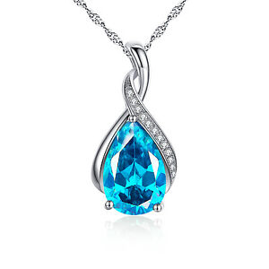 Sterling Silver Simulated Blue Topaz Birthstone Pendant Necklace Gift For Women