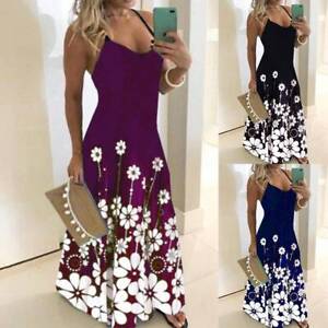 Womens Casual Summer Beach Sleeveless Sundress Floral Printed Strappy Maxi Dress