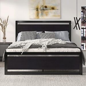 Queen Size Bed Frame with Modern Wooden Headboard/Heavy Duty Platform Metal Bed
