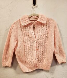 Vintage Womens Sweater Size Small Handknit Mohair Wool Cardigan Pink