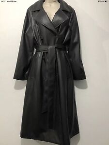 marks and spencer Sz 12 Black Trench Coat Mac Faux Leather Bnwt