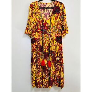 Women's Hippie BOHO Tiered Yellow Floral Festival Peasant Maxi Dress Size L
