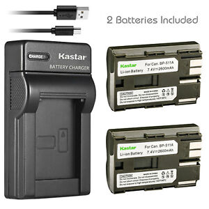 Kastar 2 BP-511 Battery + Charger for Canon 20D 30D 300D 40D 50D 5D D30 D60 Kiss