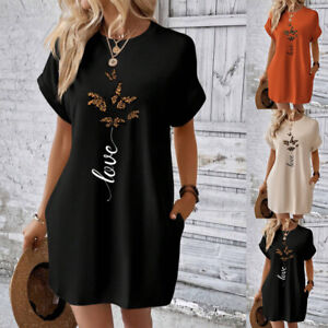 Womens Print Batwing Sleeve Mini Dress Ladies Pocket Summer Casual Loose Dresses