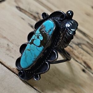 Vintage Navajo Indian Pawn Signed LND Turquoise Ring Sz 8 7.9g IP78