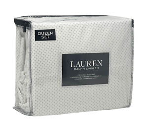 RALPH LAUREN 4PC Queen Premium Quality Cotton White & Gray Designer Sheet SetNEW