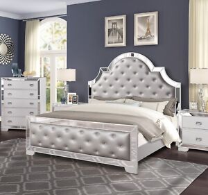 Modern White Queen Bed Luxury Style Bedroom Furniture 1pc Mirror Trim Accent