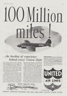 100 Million Miles! United Air Lines Boeing 247 ad 1936 T