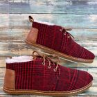 TOMS Size 8.5M Chukka Boots Womens Bota Red Plaid Faux Fur Lined Leather Trim