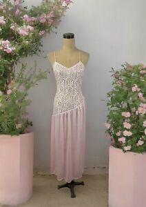 Pink Semi Sheer Slip Dress Vintage 90s Lace Coquette Fairy Ruffle Midi Size XL