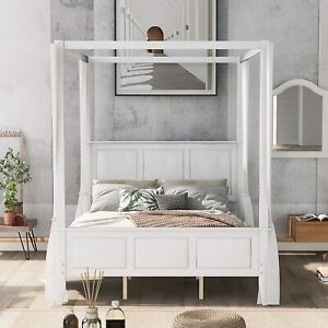 Queen/King Size Platform Bed Frames Solid Wood Canopy Bed with 4 Posters White