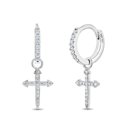 925 Sterling Silver Shiny Clear CZ Cross Hoop Dangle Earrings for Teens