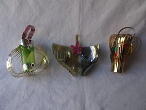 3 Vintage Mylar Foil Christmas Tree Ornaments, Bird In Bird Cage, Lantern, Wings