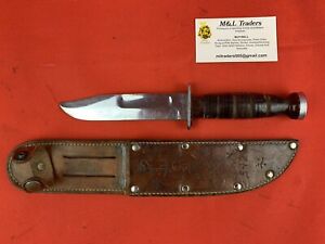 Original WW2 US Navy Kabar Fighting Knife. Carved Sheath Named USN