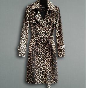 Leopard Print Trench Coat Women's Mid-Length Fashion Slim Long-Sleeved Coat NEW