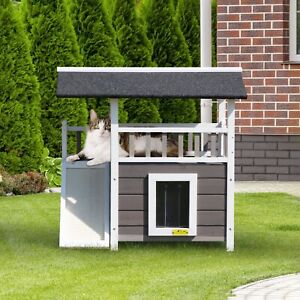 COZIWOW 2-Story Wooden Dog House Outdoor Cat Shelter Cat House Enclosure Balcony