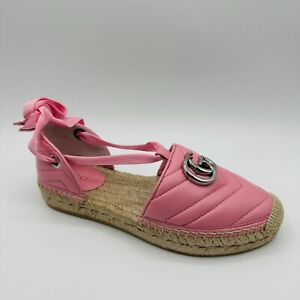 Gucci Women's Pink Leather Raffia GG Marmont Espadrille Flat Sandals 628148 5815