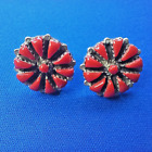 Vintage Native American Petit Point Red Coral Sterling Silver  Post Earrings