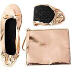 Foldable Ballet Flats, Women Portable Roll up Shoes wiv Pouch, Rose Gold