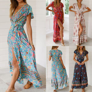 Plus Size Women Boho Floral Maxi Dress Ladies Summer Beach Holiday Wrap Sundress