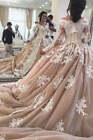 Elegant V Neck Wedding Dress Long Sleeves Lace Applique A Line Bridal Gown Train