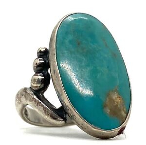 Mens Old Pawn Native American Oval Turquoise Sterling Silver Ring Size 4.5