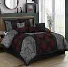 HIG 7 Piece SHANGRULA Jacquard  Patchwork Gray and Burgundy Comforter Set KIng