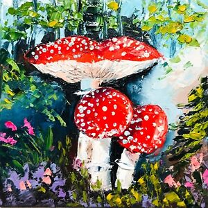 Amanita Mushroom Red Art Oil Painting Fly Agaric Painting Mushrooms 6 x 6