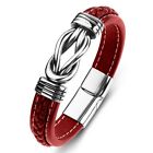 Men's Leather Braided Silver Bracelet Wristband Stainless Steel