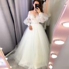V-Neck Beach Wedding Dresses Long Puff Sleeve Sheer Illusion Back Lace Appliques
