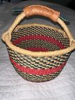 Bolga Market Basket Small Ghana Africa Handwoven Tan Leather Handle Decorative