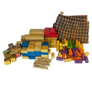 Vintage Wooden Colored Building Blocks Lot Approx 120 Pcs Letter Blocks Bag