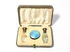 1925 Guilloche Enamel Silver Cut Glass Miniature Perfume 2 Bottles & Compact Set
