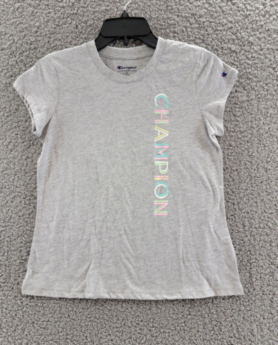 Champion Logo Print T-Shirt Girl's XL Oxford Heather Crew Neck Cap Sleeve