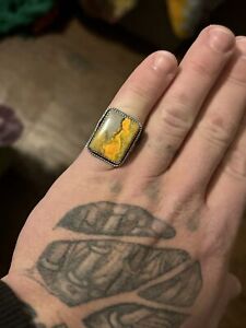 STERLING SILVER NATIVE AMERICAN SIGNED YELLOW BUMBLEBEE JASPER RING SZ 8 .925