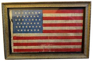 Cir 1896 ANTIQUE 45 Star American Parade Flag Folk Art Primitive FRAME