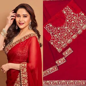 Women Ethnic Party Wear Red Georgette Bollywood Designer Wedding Saree Blouse