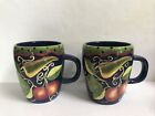 Gates Ware by Laurie Gates set of 2 MUGS Cobalt Blue 16 Oz. Peppers & Cherries