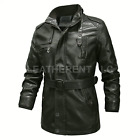 New Mens Classic Retro Style Motorcycle Belted Windbreaker Leather Trench Coat