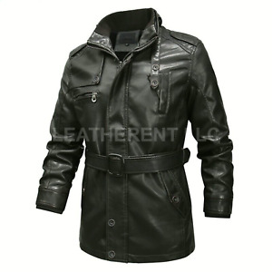 Mens Classic Retro Style Motorcycle Belted Windbreaker Leather Trench Coat