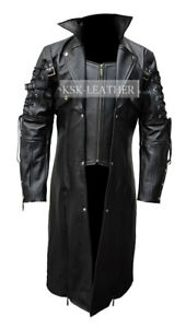 Men Black Genuine Leather Steampunk Trench Coat