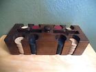 VINTAGE SOLID WOOD POKER CHIP CADDY WITH 150 VINTAGE CLAY POKER CHIPS