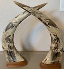 Pair of Vintage Chinese Domestic Water Buffalo Horns Carved Dragon Phoenix 14.5”