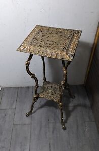 Antique Ornate Victorian Filigree Gilt Brass Square Pedestal Table Plant Stand